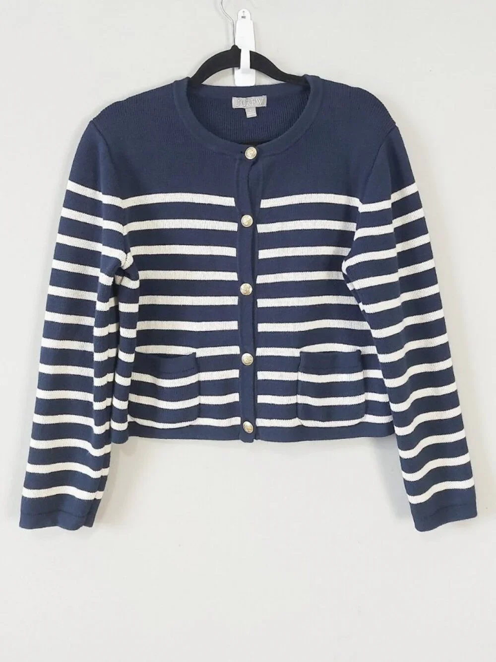 Jcrew Cotton Stripe Emillie Sweater Button Cardigan Large Preppy Classic Pockets